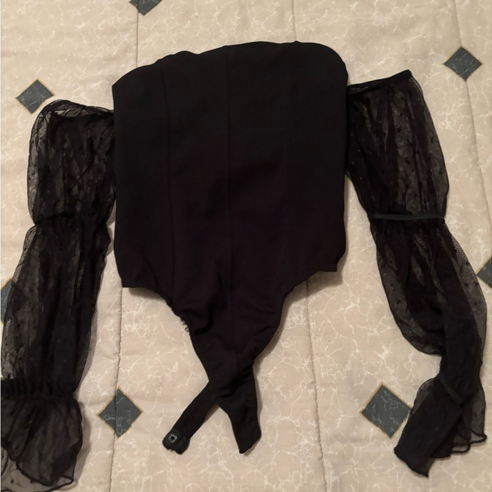 Strapless Black Bodysuit w/ Lace Sleeves